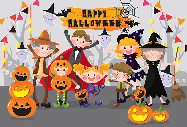 ilustraciones, imágenes clip art, dibujos animados e iconos de stock de familia de fiesta de halloween - vampire vampiress little girls cartoon