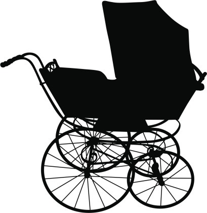 Retro-styled baby carriage silhouette.