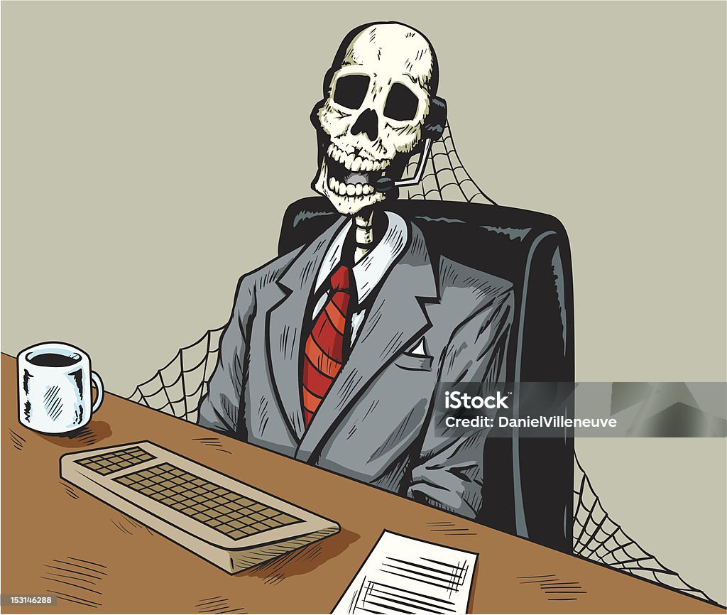 Dead in call centre Businessman dead in call centre Human Skeleton stock vector