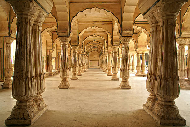 Hall with columns of Sattais Katcheri at Amer Fort  is located in Amer, a town with an area of 4 sq. kilometres, not far from Jaipur, Rajasthan state, India. Located high on a hill, it is the principal tourist attraction in the Jaipur area