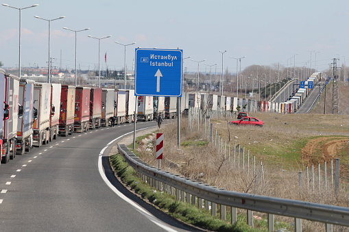 Trucks seen lined up through the Bulgaria - Turkey border gate