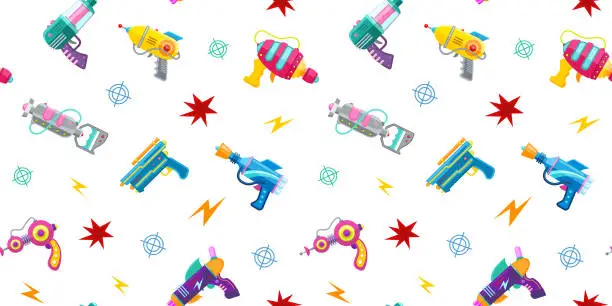 Vector illustration of Vector pattern with blasters. Seamless pattern.Vector illustration of blasters. Special weapon. Children's pattern for textile products, stationery. Pattern for the interior.
