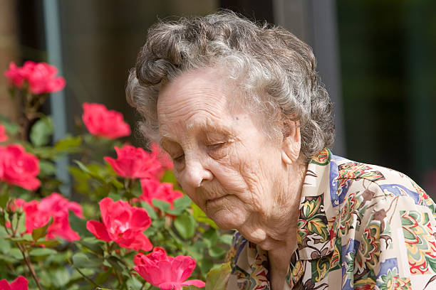 istock Elderly Woman Smelling Flowers 153148460