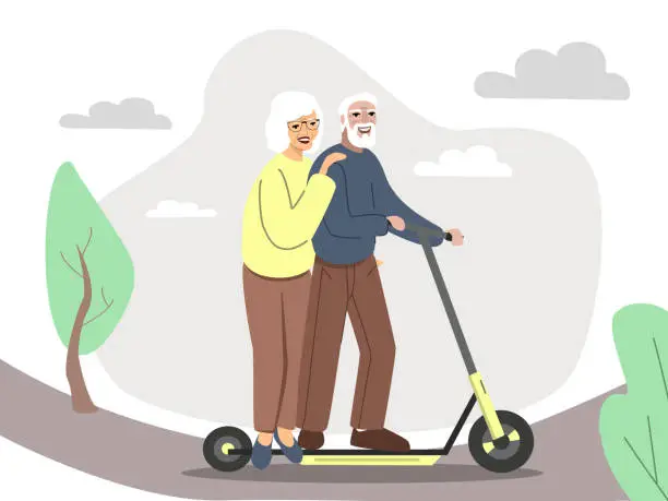 Vector illustration of Elderly people man and woman riding on scooter together.