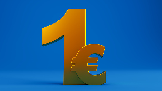 3D render of gold one euro on blue background, gold 1 euro