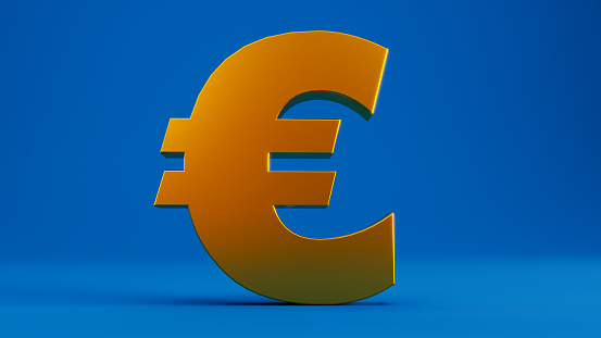 3D render of gold euro sign on colord blue background, gold 1 euro