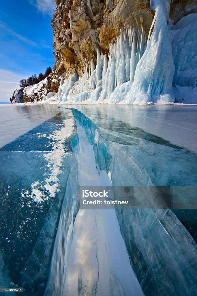 Big crack in the ice of a lake Big crack in the ice of Lake Baikal, receding into the distance Melting Stock Photo