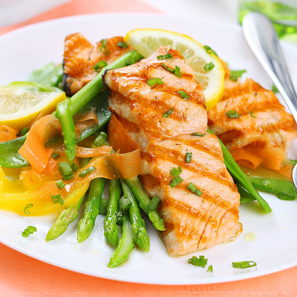 istock grilled salmon with spring asparagus on white plate, soft focus 153149881
