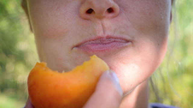 A woman bites and chews a ripe apricot. close-up.