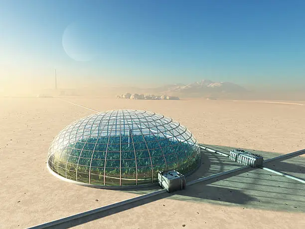 Photo of futuristic greenhouse in desert