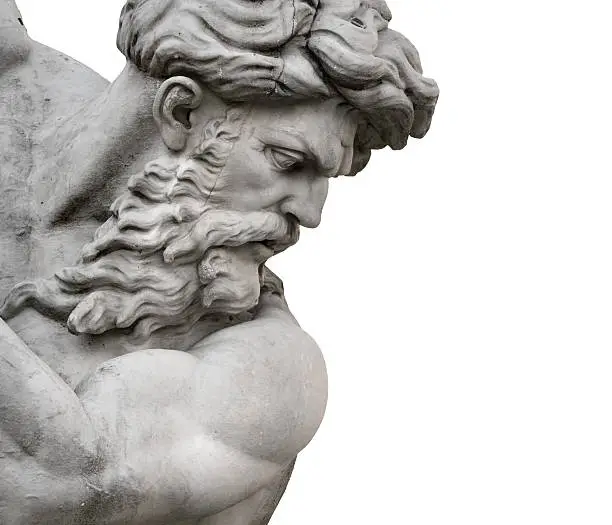 Fountain of the Neptune in Rome,  by Giacomo della Porta, sited in Piazza Navona. Isolated face of Neptune god, on a white background.