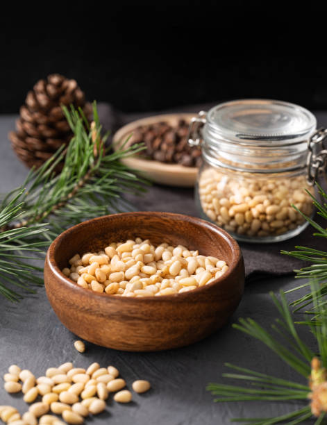 istock Pine nuts in a jar, bowl and a scattered on a dark background with branches of pine needles and cone. The concept of a natural, organic and healthy superfood 1531514828