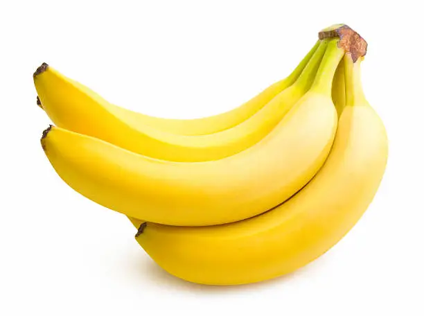 Photo of A bunch of ripe yellow bananas on white background