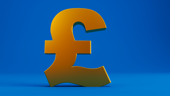 3D render of gold pound sign on colord blue background, gold 1 pound