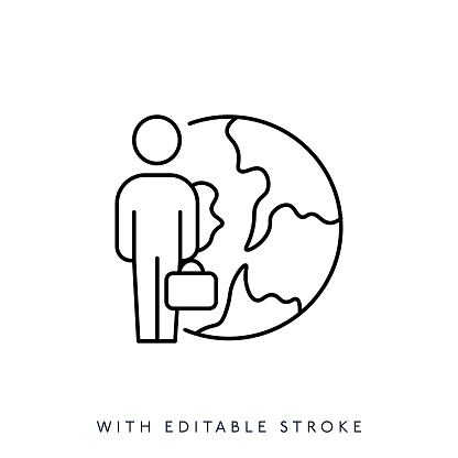 Businessman with globe line icon, editable stroke