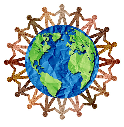 Global Unity and World diversity or earth day and international culture as a concept of diversity and crowd cooperation symbol as international diverse people holding hands together for the planet earth.