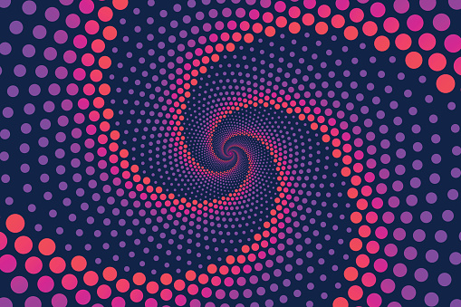 Abstract swirl trail or tunnel. Rotating colored background. Spiral dotted background.