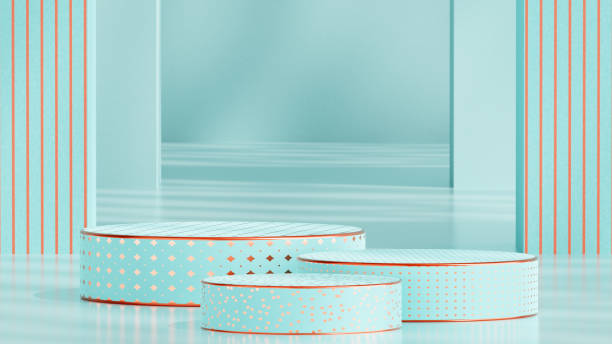 istock Three round podiums with gold pattern. Background for product presentation. Light turquoise color. Sunlight and shadows on the walls and floor. 1531577222
