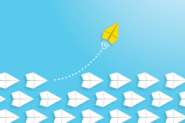 Change concepts with yellow paper airplane leading among white Group of paper plane in one direction and with one individual pointing in the different way, can be used leadership/individuality concepts. New idea, change, trend, courage, creative solution, innovation and unique way concept. initiative stock illustrations