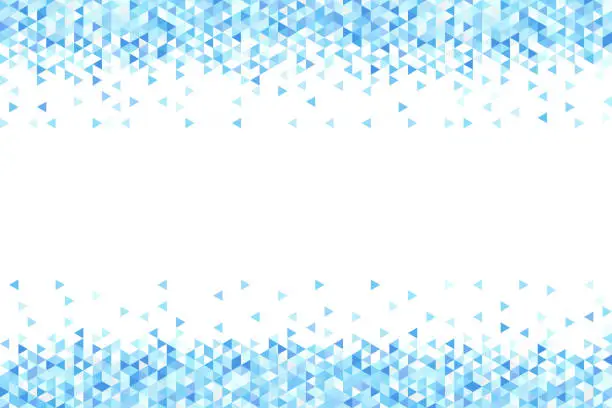 Vector illustration of Background made of blue Triangle Shape, glitters dots. Abstract blue technology horizontal luminous background. Gradient blue digital glow pixel Triangle texture pattern.
