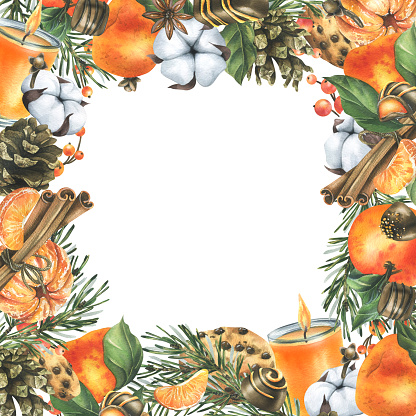 Tangerines with cotton, pine branches and cones, sweets, candle and spices. Watercolor illustration hand drawn for Christmas decor. Square frame isolated on white background