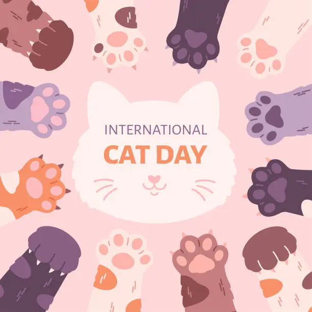 Vector illustration of International Cat Day greeting card. Cute cats paws. Vector illustration in flat style