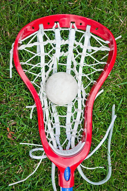 istock Girls lacrosse head and grey ball on grass 153159288