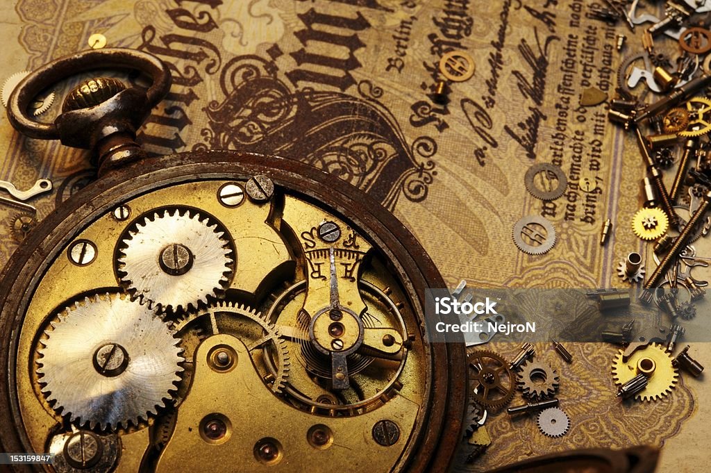 The gears on old banknote The gears on the old banknote Aging Process Stock Photo