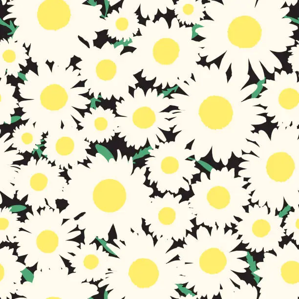 Vector illustration of Cute Flat Ditsy Daisy with Leaves Seamless Pattern Background