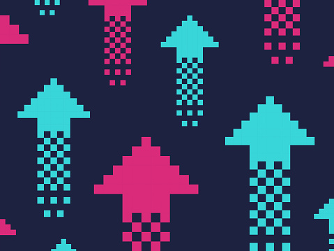 Video game retro pixel moving up abstract arrow background.