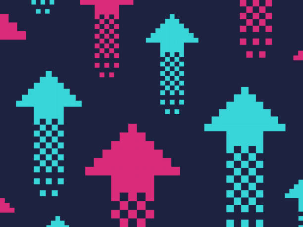 Video Game Retro Pixel Arrow Moving Up Abstract Background Video game retro pixel moving up abstract arrow background. arrow up symbol stock illustrations