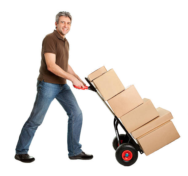 istock Delivery man pushing hand truck and stack of boxes 153163240