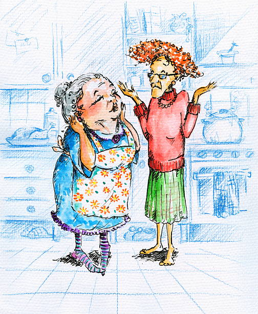 Women in kitchen Two old ladies talking in kitchen.Picture I have created with watercolors. old ladies gossiping stock illustrations