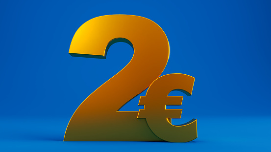 3D render of golden two euro sin isolated on blue background, gold 2 euro sign