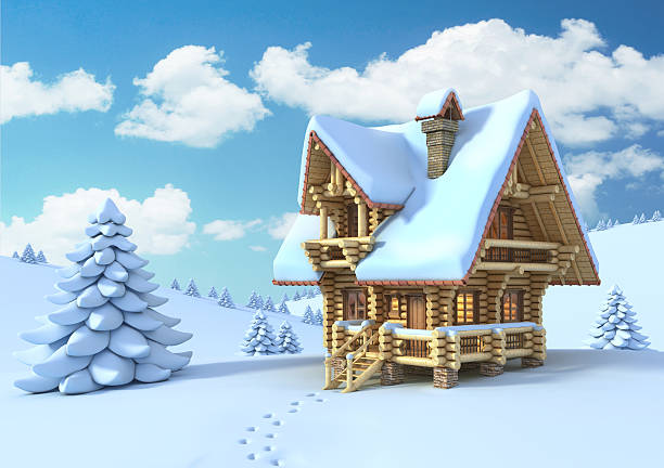 Cozy wooden hut high in the snowy mountains. Great pine trees on the background. Abandoned kolyba shepherd. Cloudy day. Carpathian mountains, Ukraine, Europe.