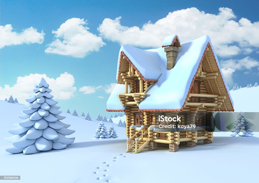 mountain log house winter scene 3d illustration of the log house in the winter House Stock Photo