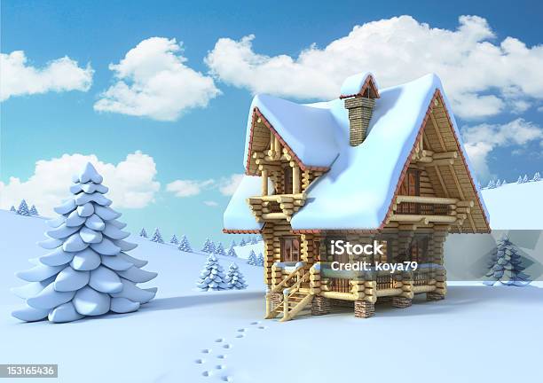 Mountain Log House Winter Scene Stock Photo - Download Image Now - House, Snow, Three Dimensional