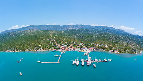 Aerial panoramic view of Kekova Ucagiz Village, Antalya.