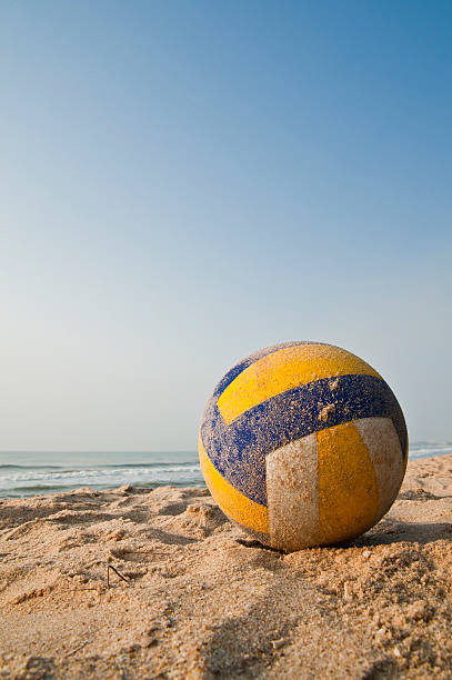 Close-up of the volleyball on the sandy beach stock photo