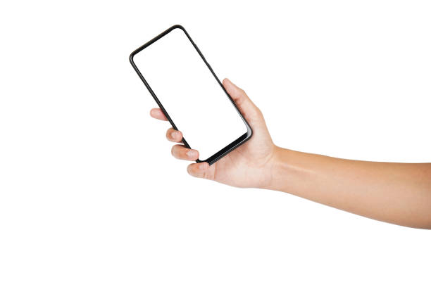 istock Hand holding empty screen phone isolated on white background with clipping path, front view blank screen phone 1531677440