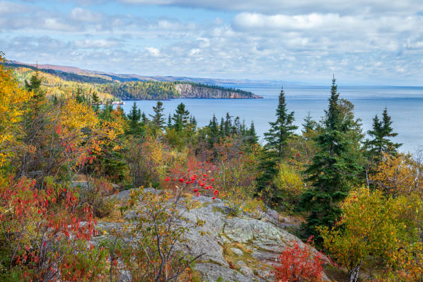 Cliffs and trees in fall color along Lake Superior during autumn