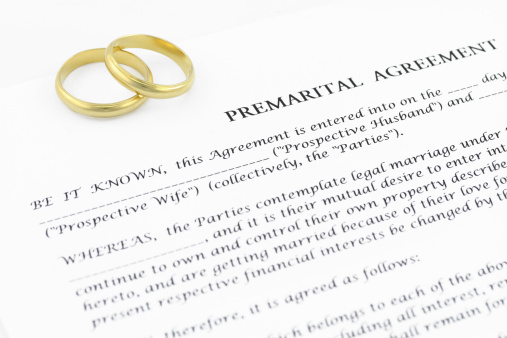 Form of prenuptial agreement with a pair of wedding rings