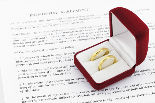 Form of prenuptial agreement with a pair of wedding rings