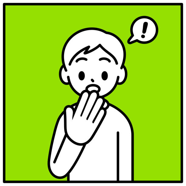 ilustrações de stock, clip art, desenhos animados e ícones de a boy is covering his mouth in surprise, looking at the viewer, minimalist style, black and white outline - shock gasping people discovery