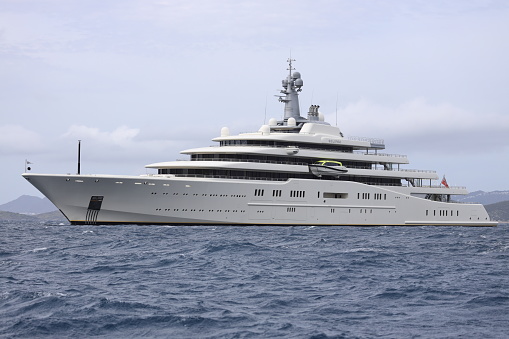 Bodrum, Turkey,  02 April 2023: The giant superyacht Eclipse, owned by Russian businessman Roman Abramovich, anchored in Bodrum's