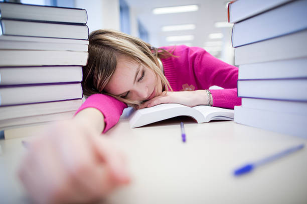 muy cansado estudiante en la biblioteca - animal cute exhaustion technology fotografías e imágenes de stock