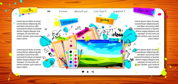 Vector illustration of School education concept in cartoon style. Art class. Drawn picture on a stretcher with freehand drawings and colorful blots on a wooden background with copy space. Stylish web page or web template.