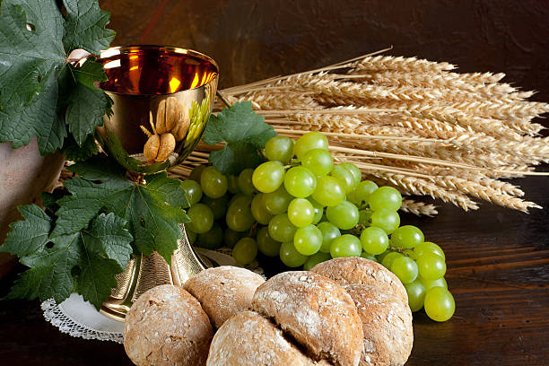 Bread and wine for communion stock photo