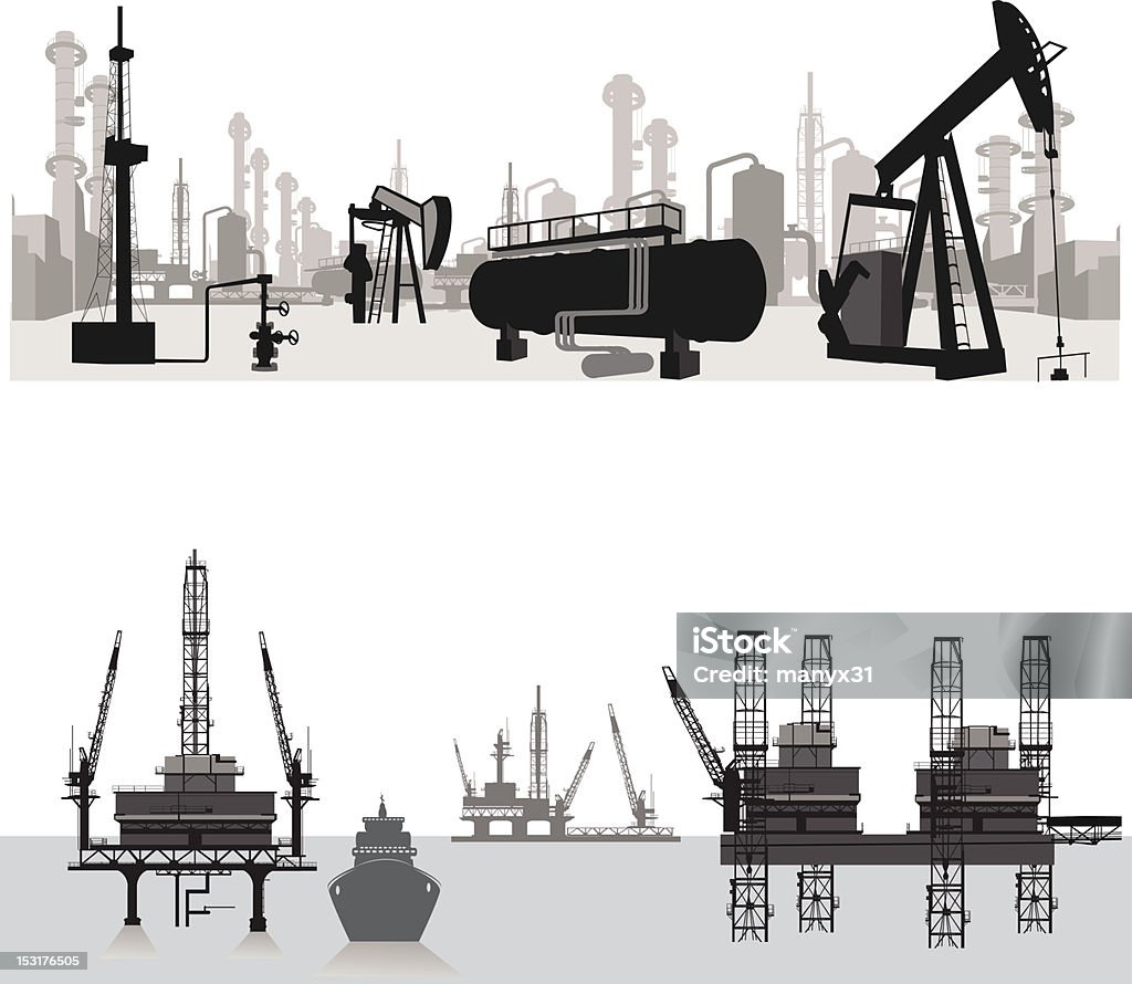 Wektor illustration.Silhouettes z Rafineria naftowa - Grafika wektorowa royalty-free (Platforma naftowa)