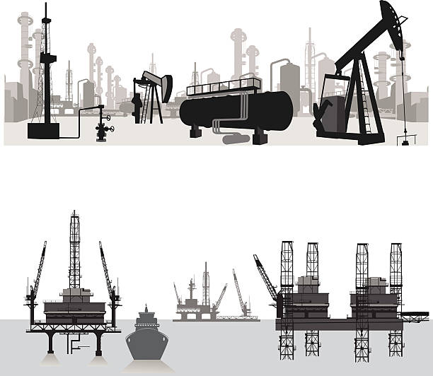 wektor illustration.silhouettes z rafineria naftowa - oil rig oil well natural gas industrial ship stock illustrations